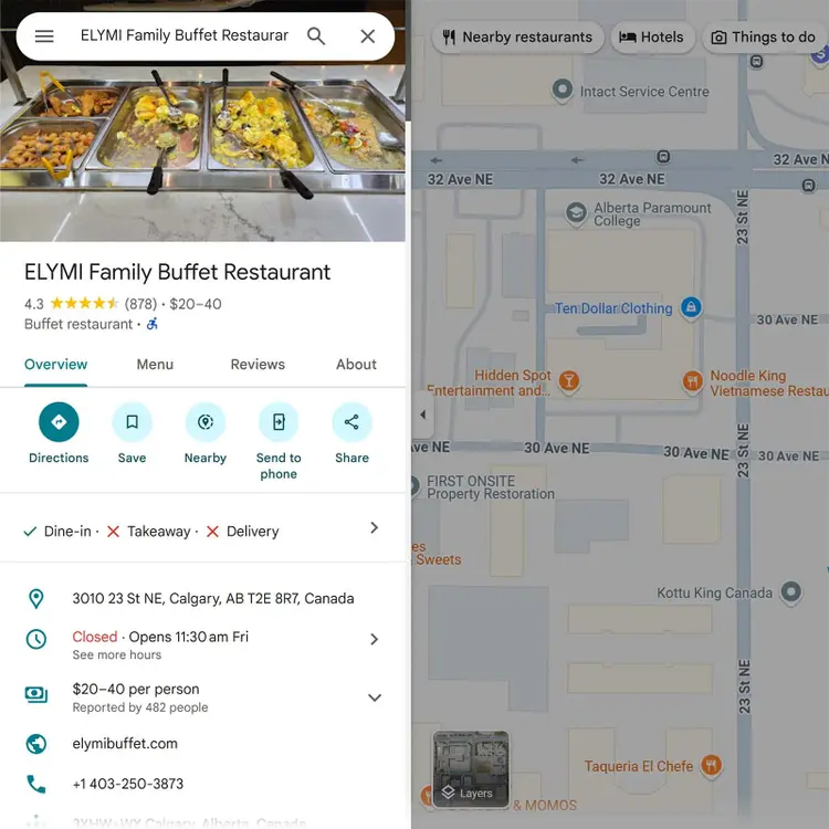 Elymi Google Maps business profile listing with buffet tray photo, details, and nearby map