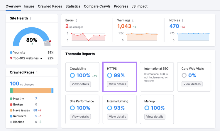 "HTTPS" box highlighted in the Site Audit's Overview dashboard