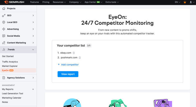 EyeOn competitor monitoring showing ebay.com and poshmark.com tracked