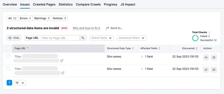 Structured data issues identified in Site Audit