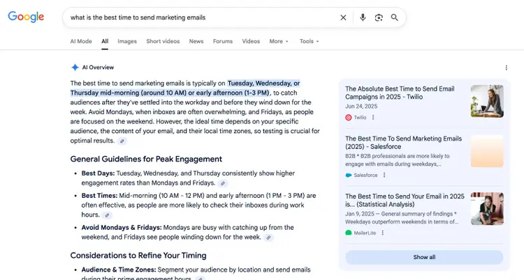 AI Overview "what is the best time to send marketing emails"