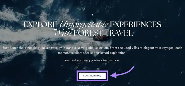 Home page of a travel agency with the CTA section reading "Start Planning" highlighted.