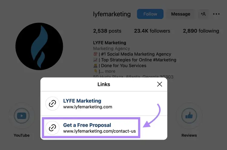 Instagram profile link box for LYFE Marketing highlighting Get a Free Proposal link