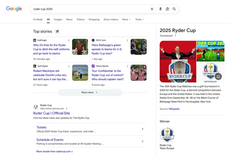 Google search results page for “Ryder Cup 2025” showing Top Stories, Knowledge Panel, and official site link.