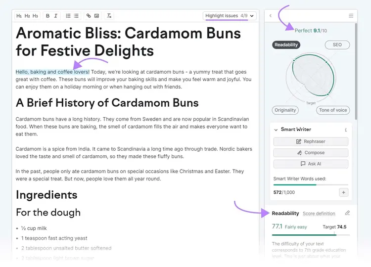 Examples of SEO Writing Assistant's suggestions on an article titled "Aromatic Bliss: Cardamom Buns for Festive Delights"