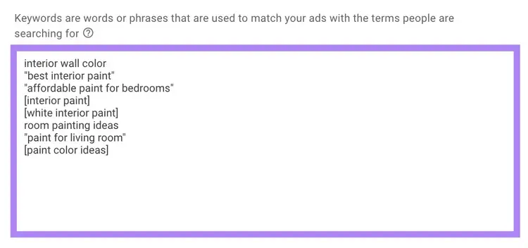 Adding different broad match, phrase match, and exact match keywords manually on Google Ads.
