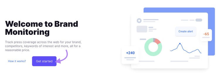 Brand Monitoring tool start with an arrow pointing to "Get started."
