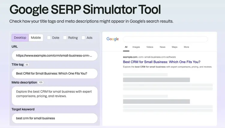 Google SERP Simulator Tool with a URL, title tag, and meta description entered previewing how it may appear on the SERP.