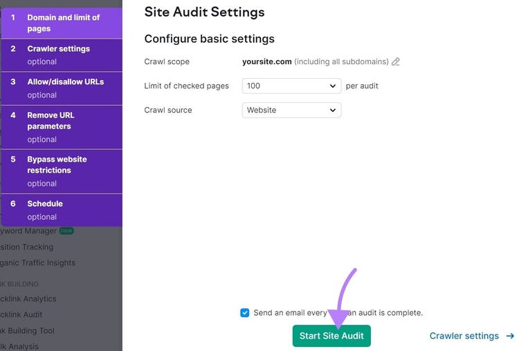 "Site Audit Settings" page