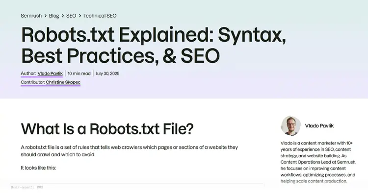 Semrush blog post showing author and contributor names below the article title
