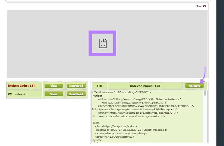 CheckDomains sitemap generator with the button to validate the sitemap highlighted.