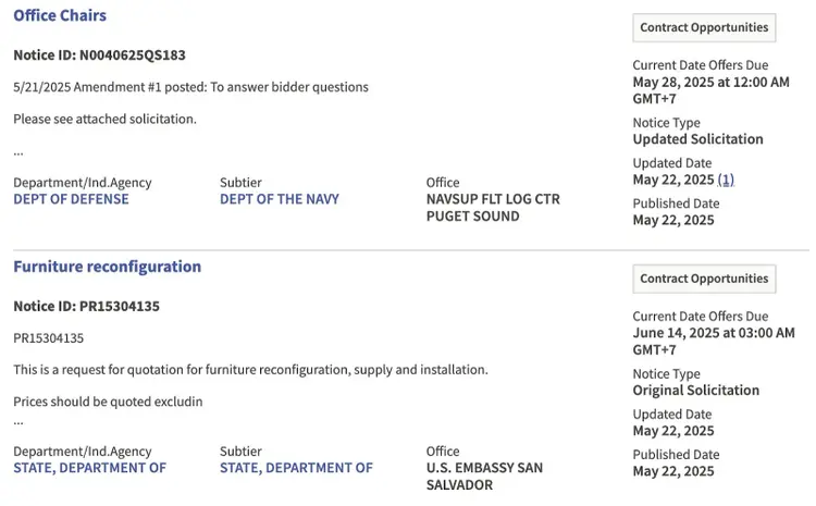 Listings for office furniture with delivery locations, deadlines, and agency contacts on Sam.gov.