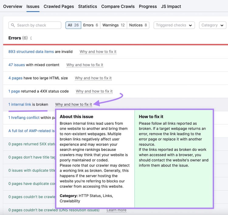 Semrush Site Audit with internal links broken error highlighted alongside why and how to fix it box