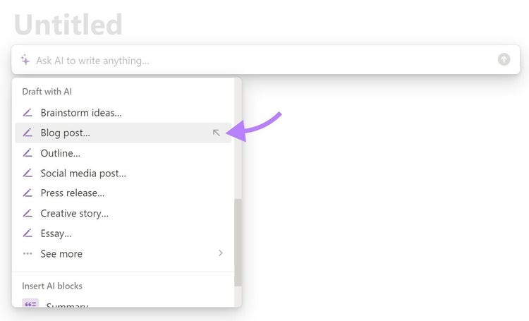 Notion AI's prompt bar with various suggested prompts.