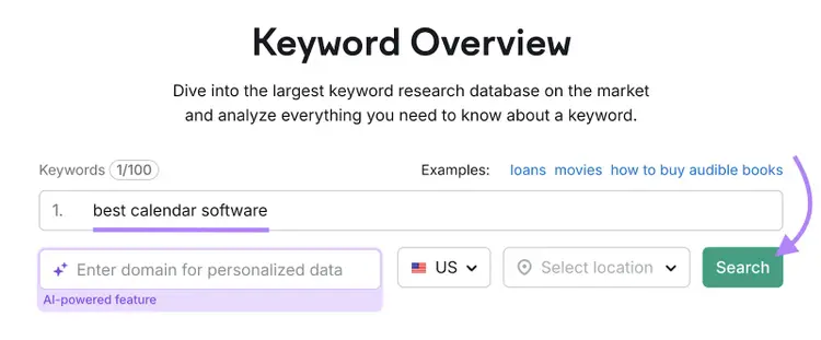 Semrush Keyword Overview search interface with examples and location selection