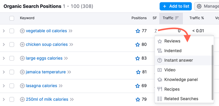 Organic Search Positions showing calorie keywords with SERP feature menu dropdown
