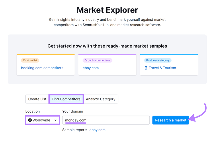 Market Explorer tool 'Find Competitors' selected, location 'Worldwide', Domain entered, and Research a market selected.