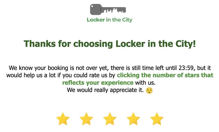 The email says, "We know your booking is not over yet...but it would help us a lot if you could rate us by clicking the number of stars that reflects your experience with us."