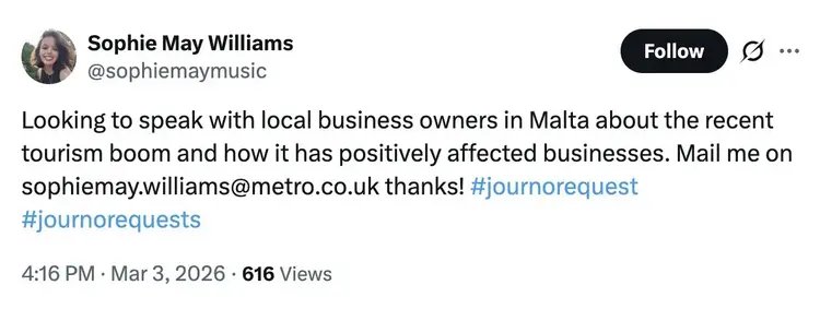 A post on X by a journalist looking to speak with local business owners in Malta.