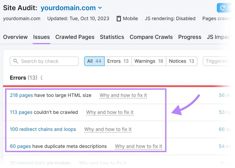 "Errors" section highlighted under the “Issues” tab