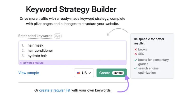 Seed keywords are entered into the tool.