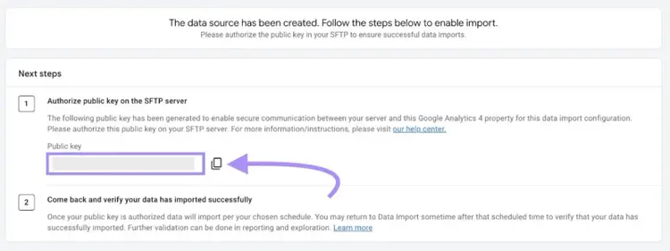 GA4 generates a public key to authorize its connection to your SFTP server