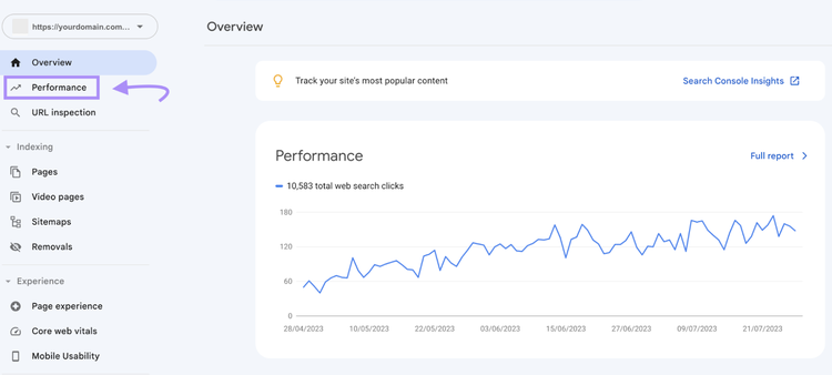 “Performance” section in Google Search Console