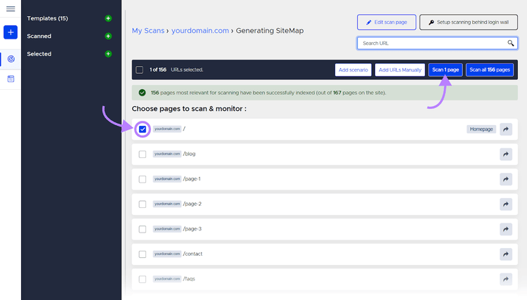 choose pages to scan and monitor in Accessibility Scan & Monitor app