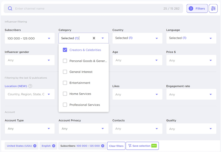 "Influencer filtering" section in Influencer Analytics