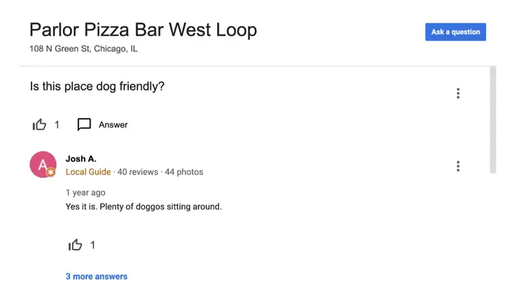 A potential visitor asks if the local business is dog friendly in the Google Business Profile Q and A section.
