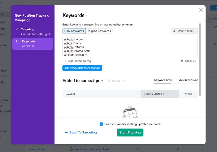 Keyword settings on Position Tracking with a list of keywords entered.