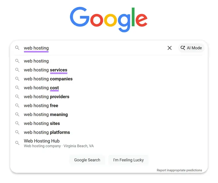 Google autocomplete suggestions for the search query “web hosting”