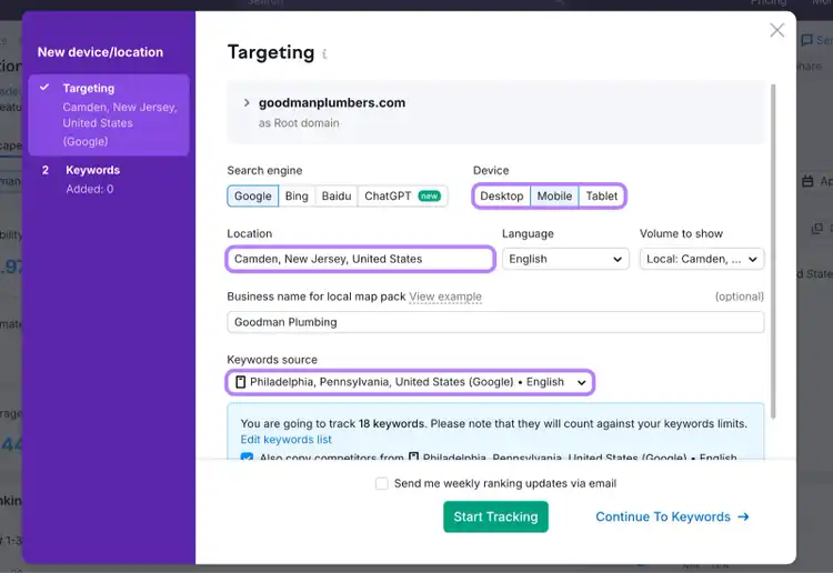 position tracking setup window