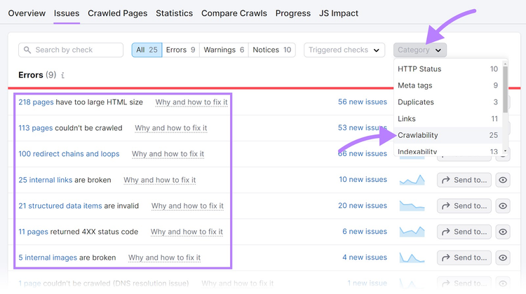Filtering Site Audit's "Issues" report for crawlability issues
