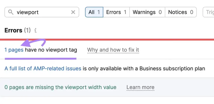 Site Audit errors showing pages missing viewport tag