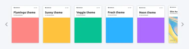 Report theme options carousel showing Flamingo, Sunny, Veggie, Fresh, and Neon themes