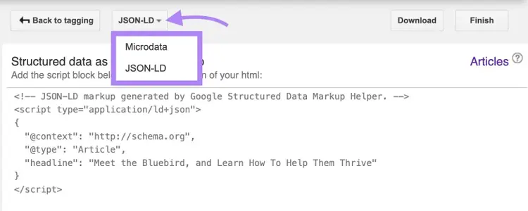 The dropdown to choose between JSON-LD or Microdata on the Structured Data Markup Helper.