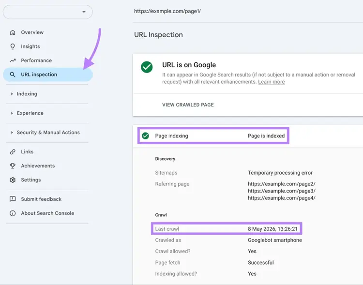 The URL Inspection report on GA4 showing if a page is indexed along with the last crawl date.
