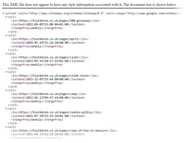Hiut Denim’s child sitemaps looks like