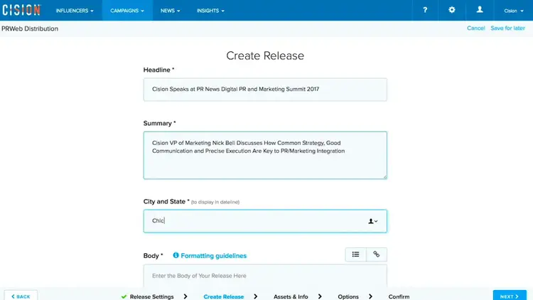 Cision press release form with fields for headline, summary, city, and release body.
