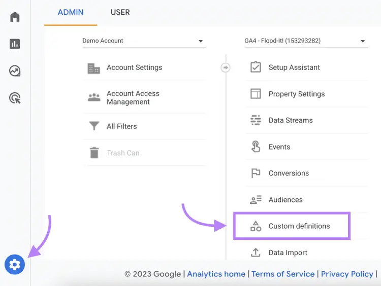 "Custom definitions" selected from the GA4 Admin menu