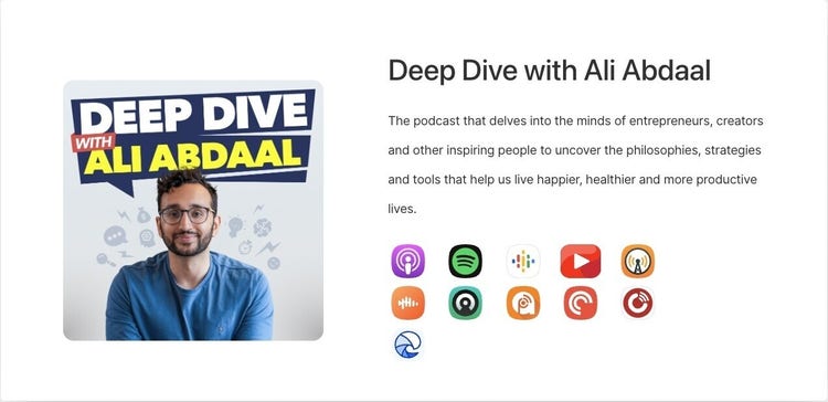 “Deep Dive with Ali Abdaal” podcast page
