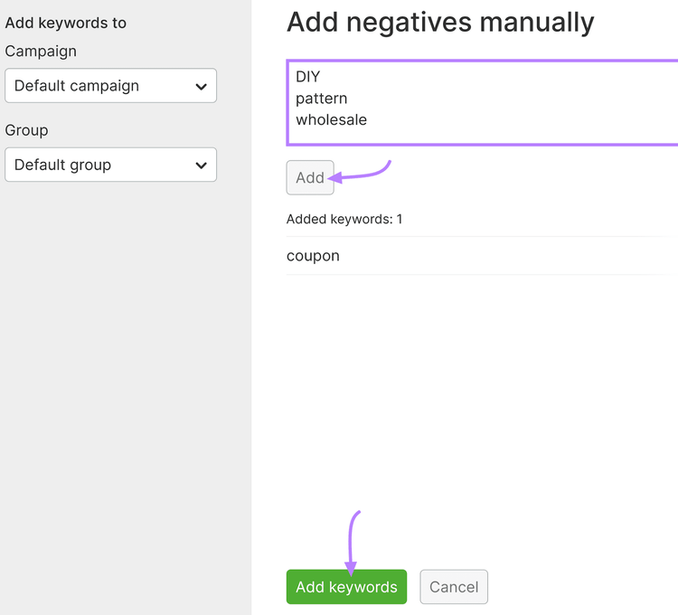 PPC Keyword Tool interface for adding negative keywords manually, with add buttons.