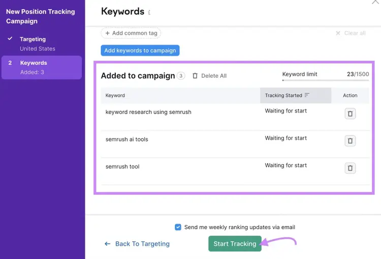 New Position Tracking Campaign settings