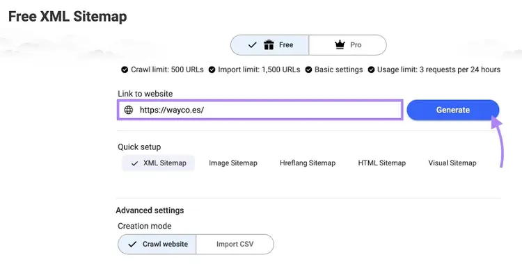 Free XML Sitemap on MySitemapGenerator with the domain confirmed and "Generate" clicked.