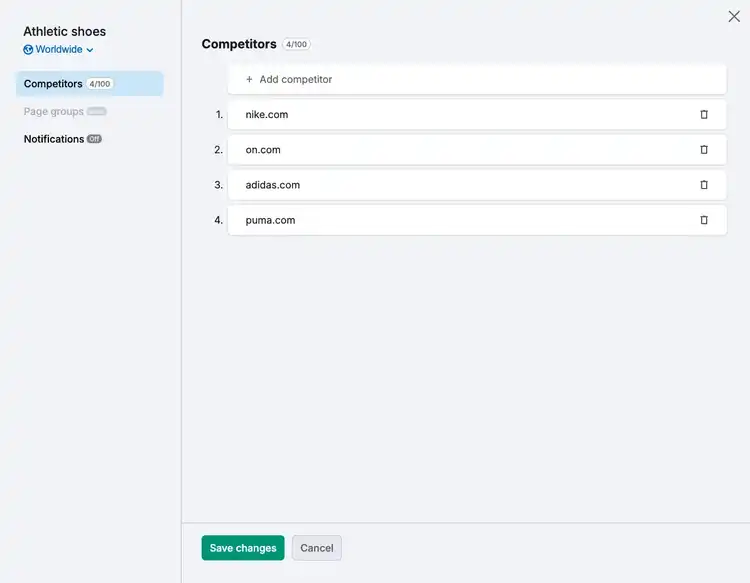 Folder view showing 'Athletic shoes' with four competitors: Nike, On, Adidas, Puma in competitors list