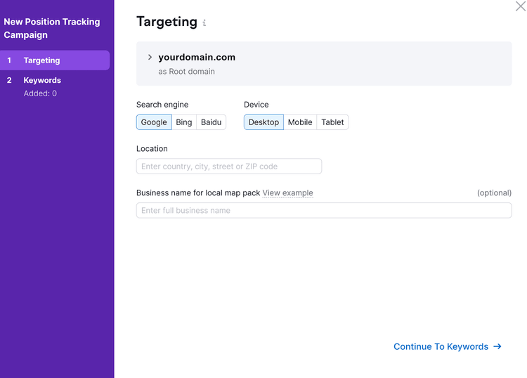 Position Tracking interface for new position tracking campaign with targeting options for domain, search engine, etc.