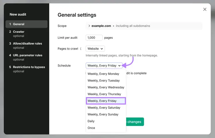 Semrush Site Audit settings with weekly crawl schedule dropdown open
