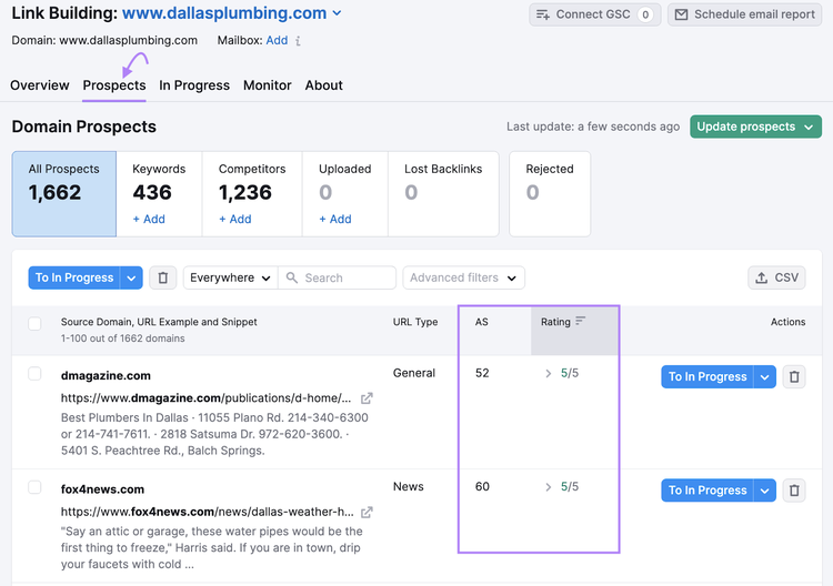 “Prospects” tab in Link Building Tool with "AS" and "Rating" metrics highlighted