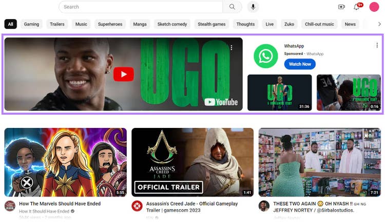 Masthead ad from Whatsapp at the top of YouTube's homepage